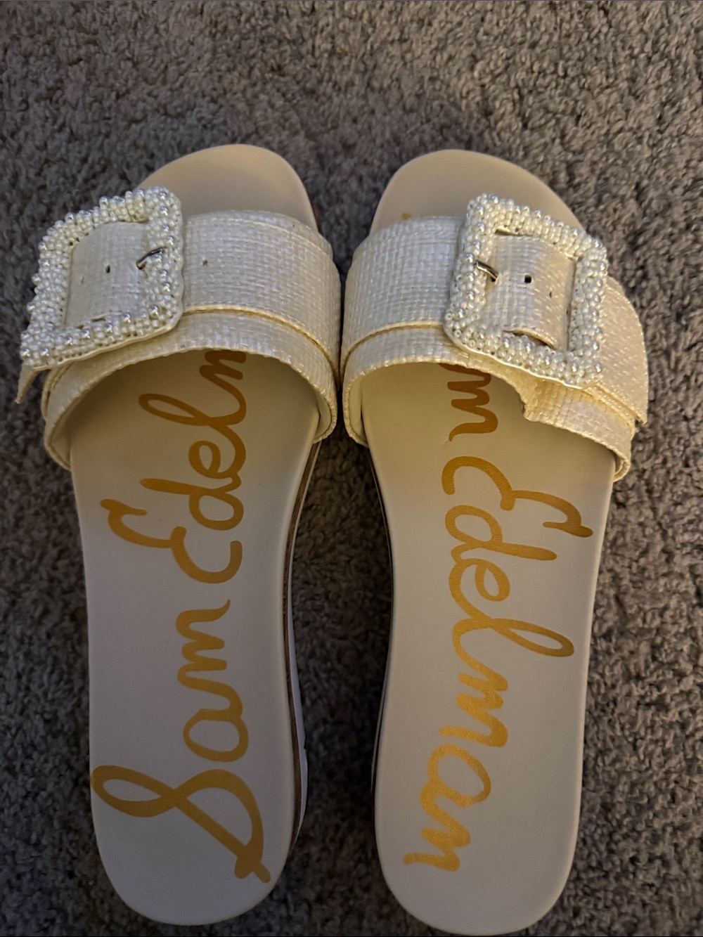 Sam Edelman Cream Slide Sandals with Beaded Buckle
